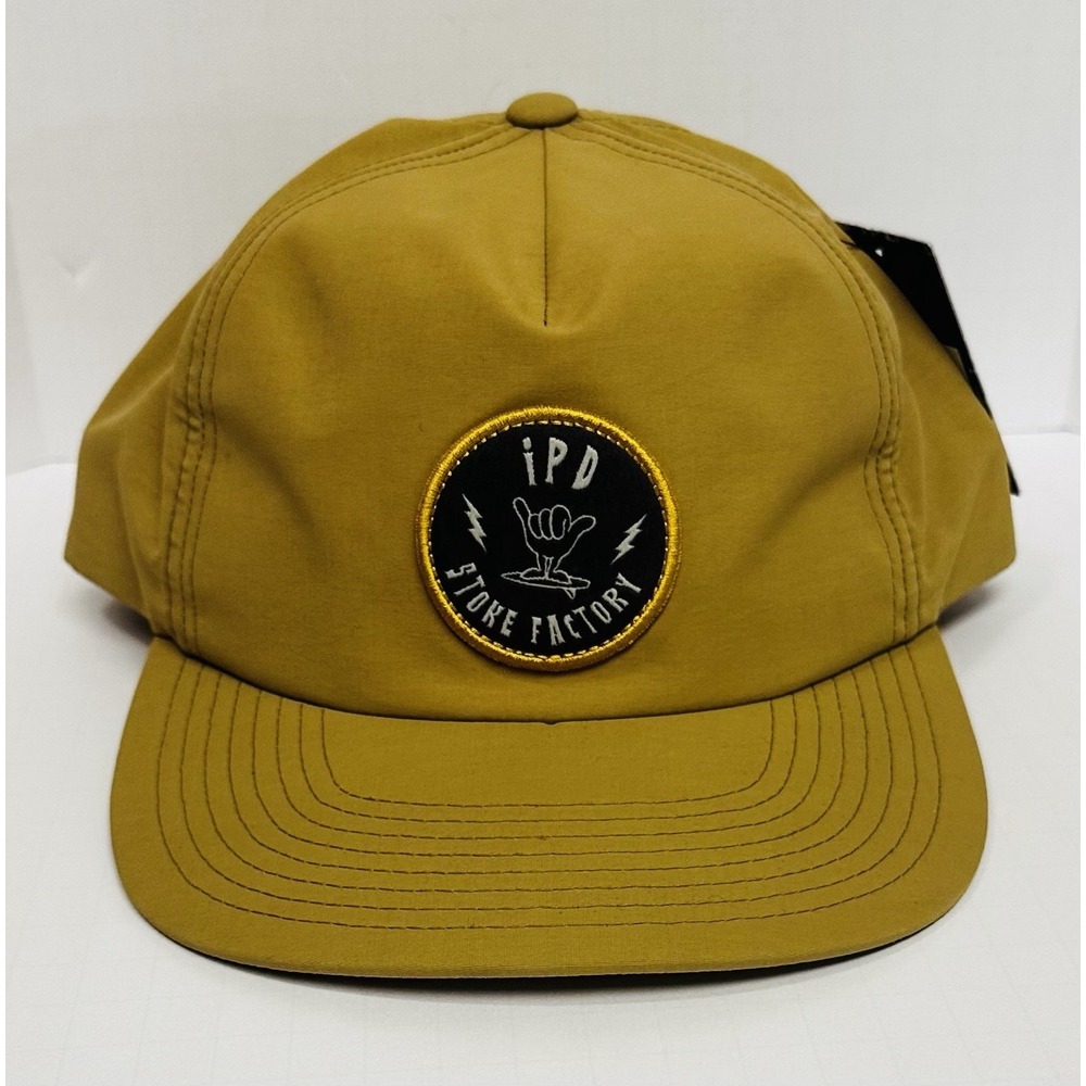 IPD Surf Stoke Factory Shaka Black Patch Flat Bill Tan Adjustable Snapback Hat